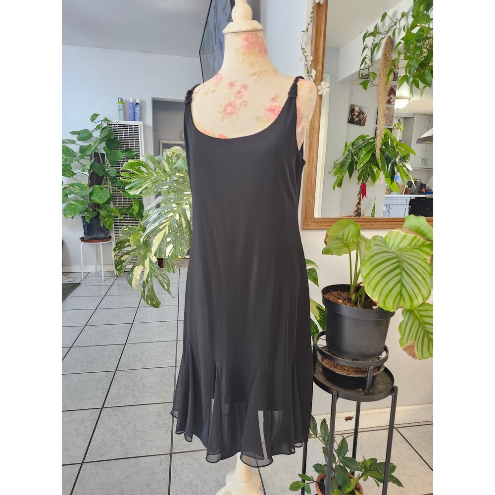 Vintage Alex Evenings Black Beaded Strap Cocktail Dress Petite 14P Midi Formal - Picture 3 of 12